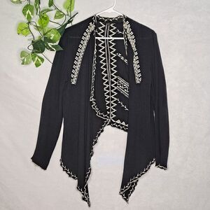 Aakaa Open Front Embroidered Geometric Cover-up Cardigan Black White Medium